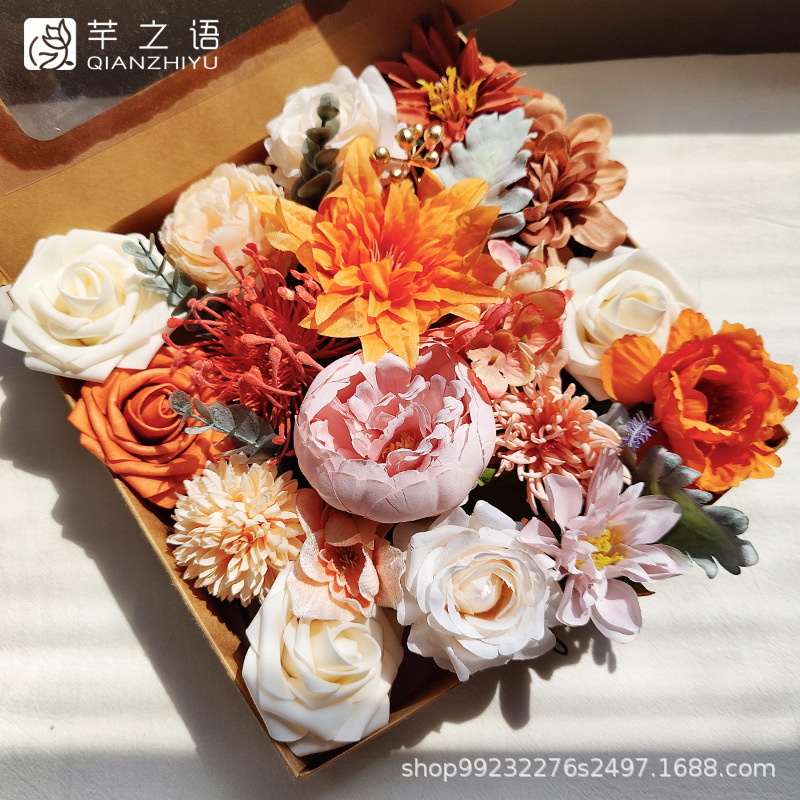 跨境熱銷手工制作仿真永生花絹花禮盒玫瑰花束婚禮DIY花籃手捧