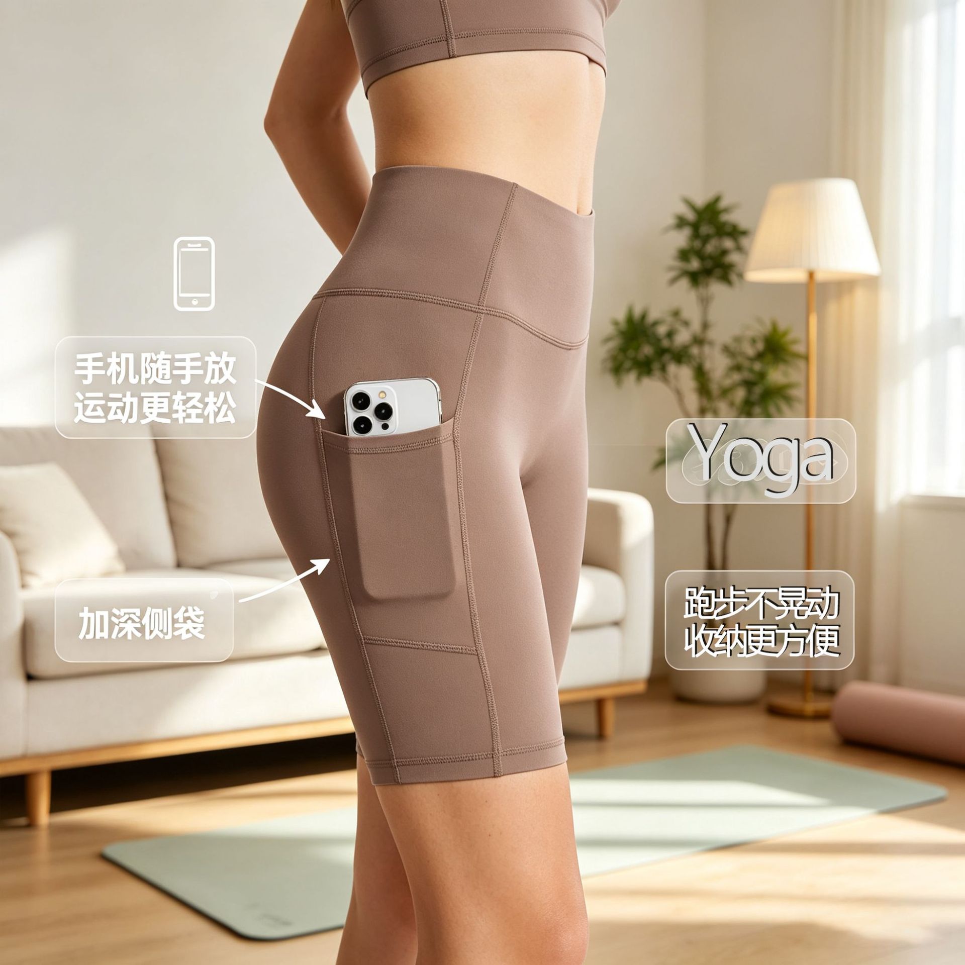 European and American cross-border pocketed naked-feel yoga tight shorts, skin-friendly, stretchy, quick-drying, for sports, fitness, hiking, and cycling