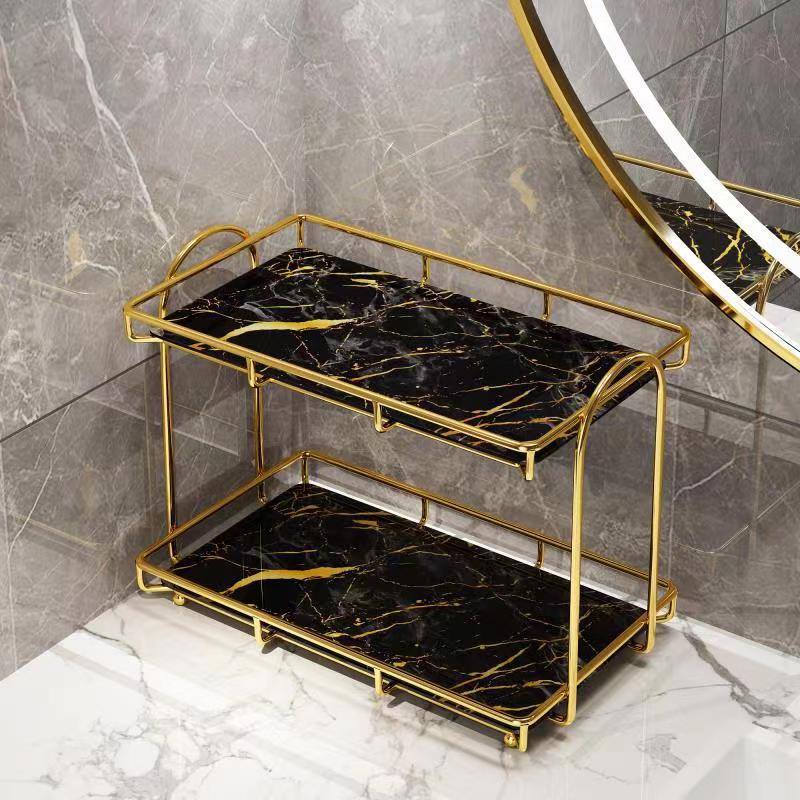 Oro de doble capa de hierro aseo organizador rack de baño aseo rack de almacenamiento de cosméticos de escritorio rack de almacenamiento desmontaje
