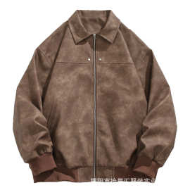 美式麂皮绒夹克男春秋潮牌复古棕色翻领皮衣高街痞帅百搭休闲外套