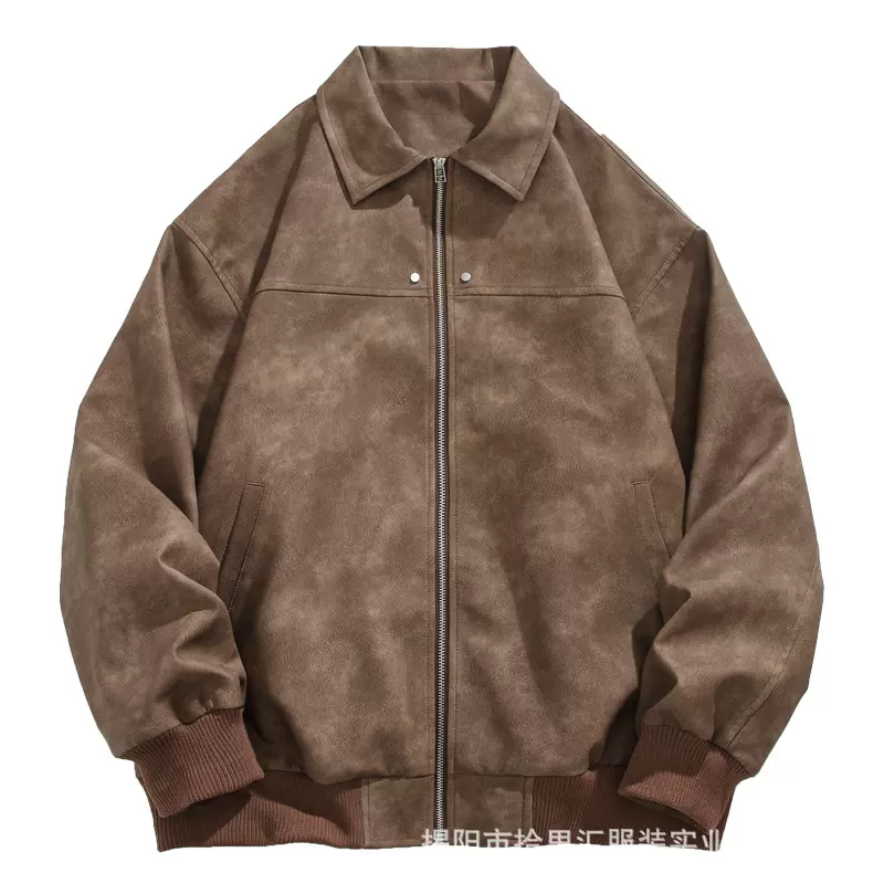 美式麂皮绒夹克男春秋潮牌复古棕色翻领皮衣高街痞帅百搭休闲外套