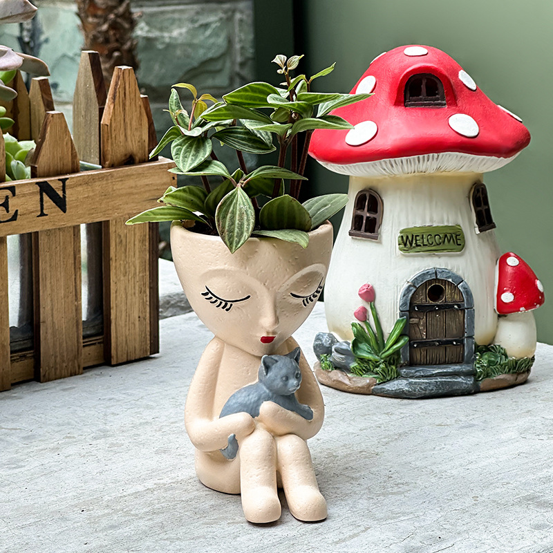 Cross-Border Cat-Holding Girl Flower Pot Nordic Style Green Plants Flowers Succulent Outdoor Courtyard Balcony Potted Plant Decorative Ornaments