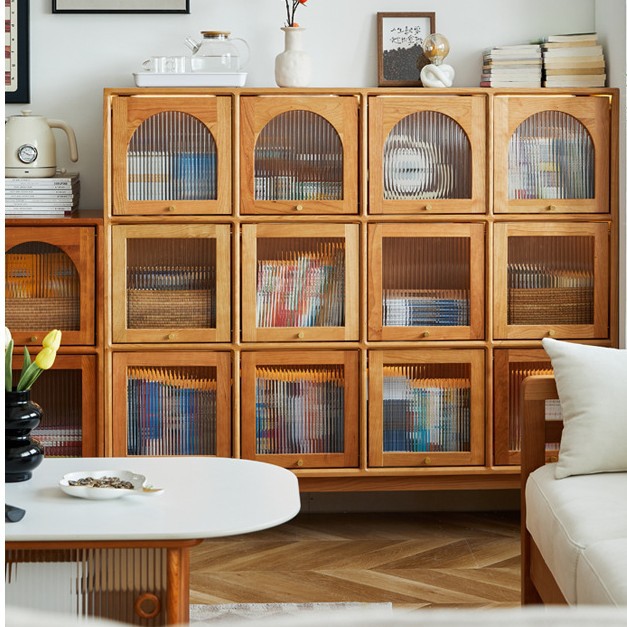 Solid Wood Bookcase Display Cabinet Cherry Wood Half Wall Lattice Bookshelf Living Room Retro Storage Corner Side Cabinet Study Furniture