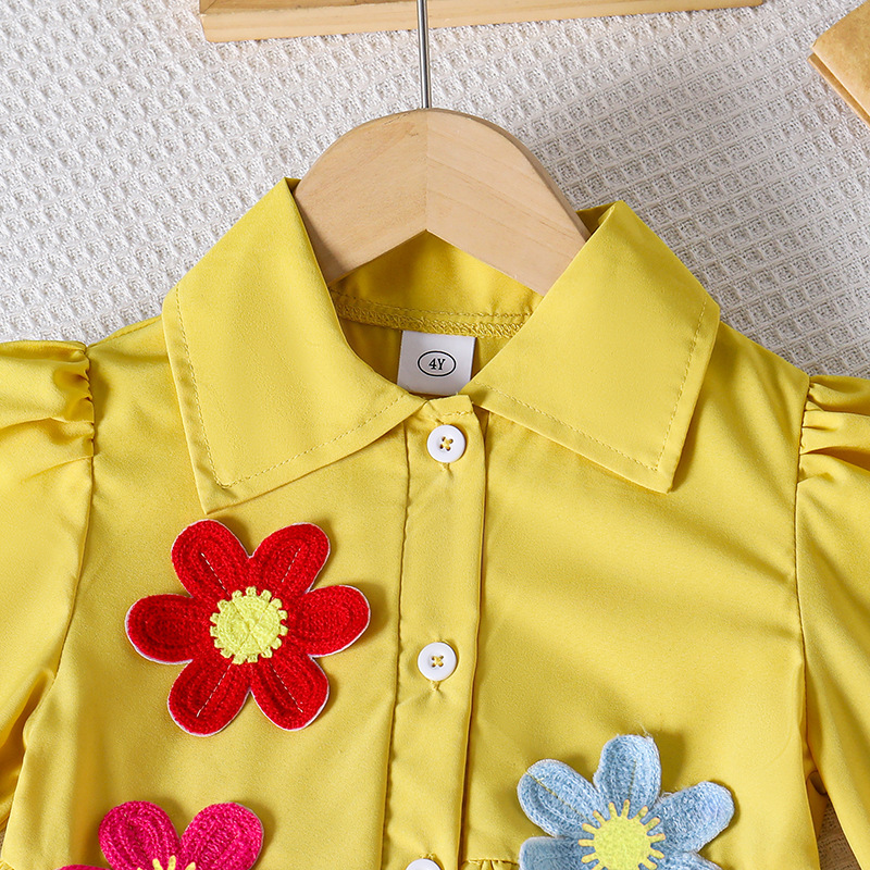Vestido para niños 2025 otoño nuevo estilo coreano niña niña estilo occidental flor de sol vestido de camisa de manga larga cabello de una pieza