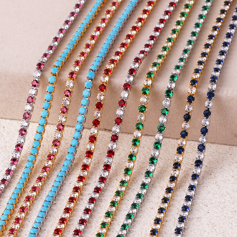 Personalized Trendyy Colorful 3.0 Zircon Tennis Chain Blue Turquoise Claw Chain Necklace Bracelet Two-Piece Set Fashionable Women's Chain Style