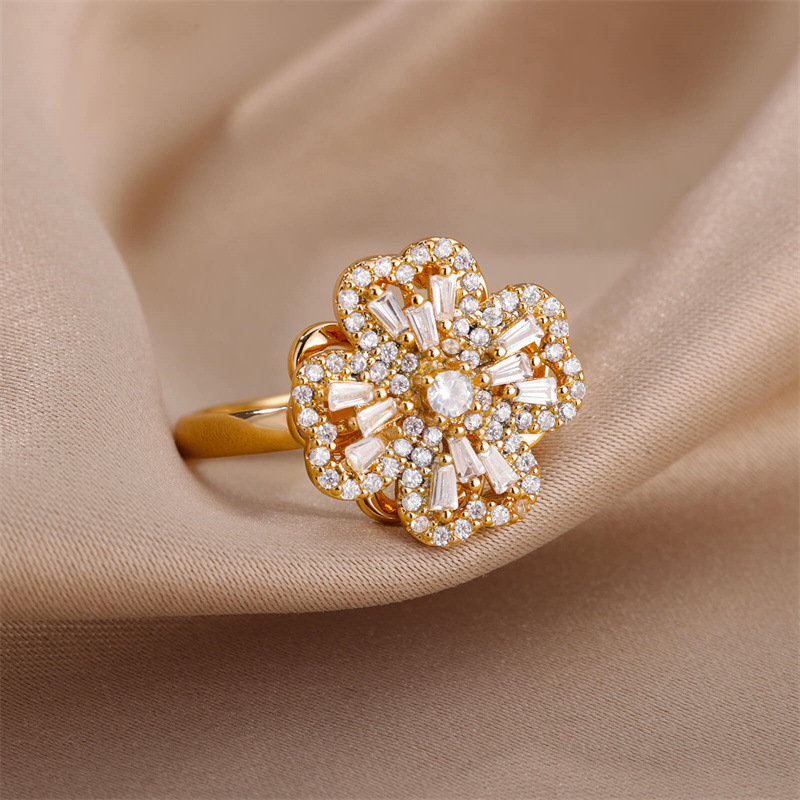 Fashion Flower Copper Plating Zircon Open Ring 1 Piece