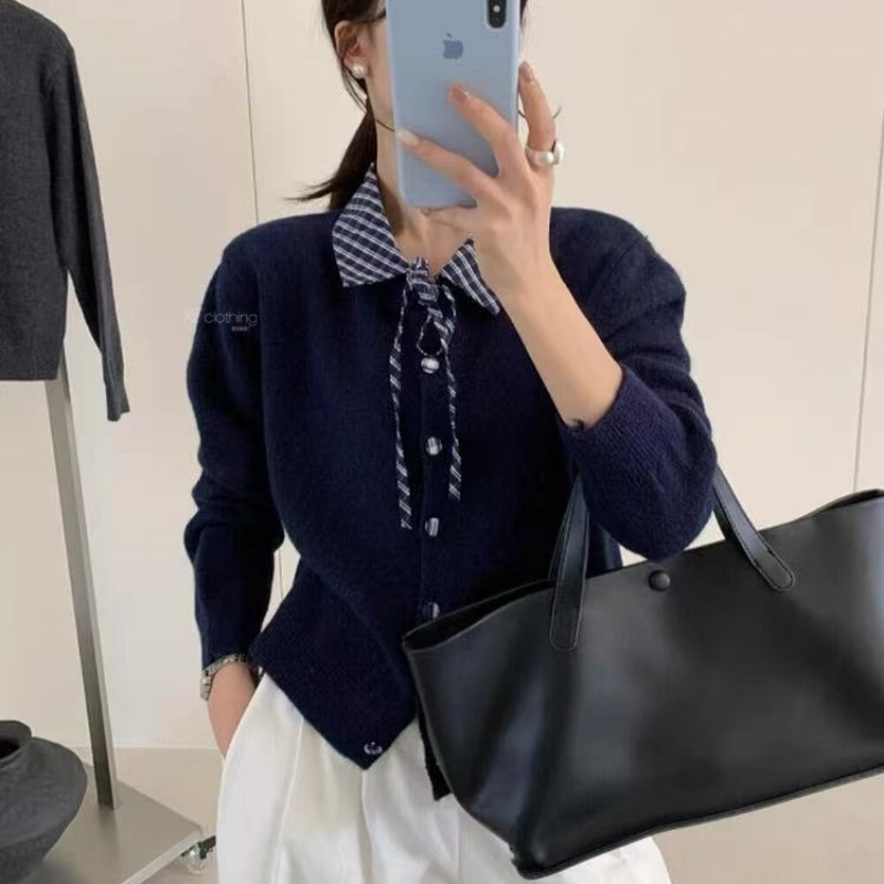 Designed Plaid Splicing Polo Collar Cardigan Lace-Up Long-Sleeved Women's Korean Stereo Button Knitwear Jacket Top