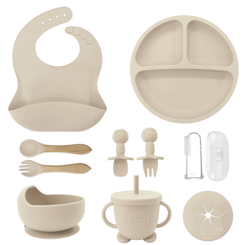 Vajilla de silicona para niños Juego de diez piezas Placa de comedor dividida Vajilla para bebés Cuenco de alimentos suplementarios Cuchara de silicona Tenedor Vajilla de alimentación para bebés
