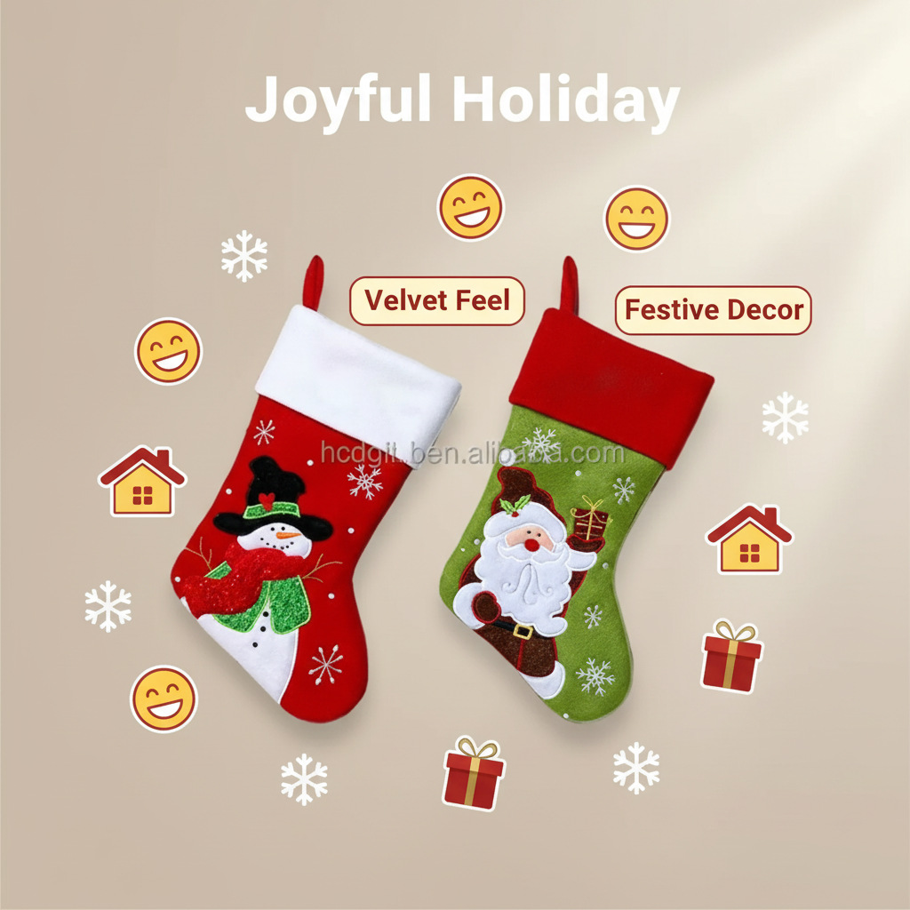 跨境圣诞节圣诞袜老人雪人麋鹿棕色麻布格子圣诞礼物袜装饰糖果袋