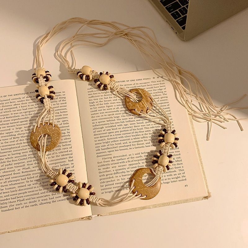 5 # Round coconut shell rice brown beaded leather rope about 170cm long