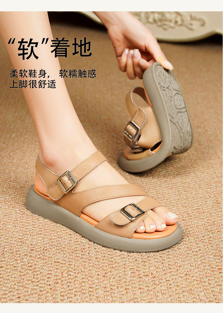 Sandal nữ quai ngang da thật đế dày mềm mại — Màu nâu chi tiết 15