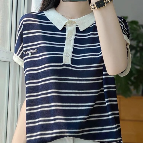 Baby Collar Striped Short Sleeve T-Shirt for Women - Summer 2025 Base Shirt for Women - Stylish Women's Fashion Chiffon Knit Top