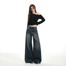 深蓝复古阔腿牛仔裤女2025年秋冬新款高腰宽松显瘦垂感直筒拖地裤