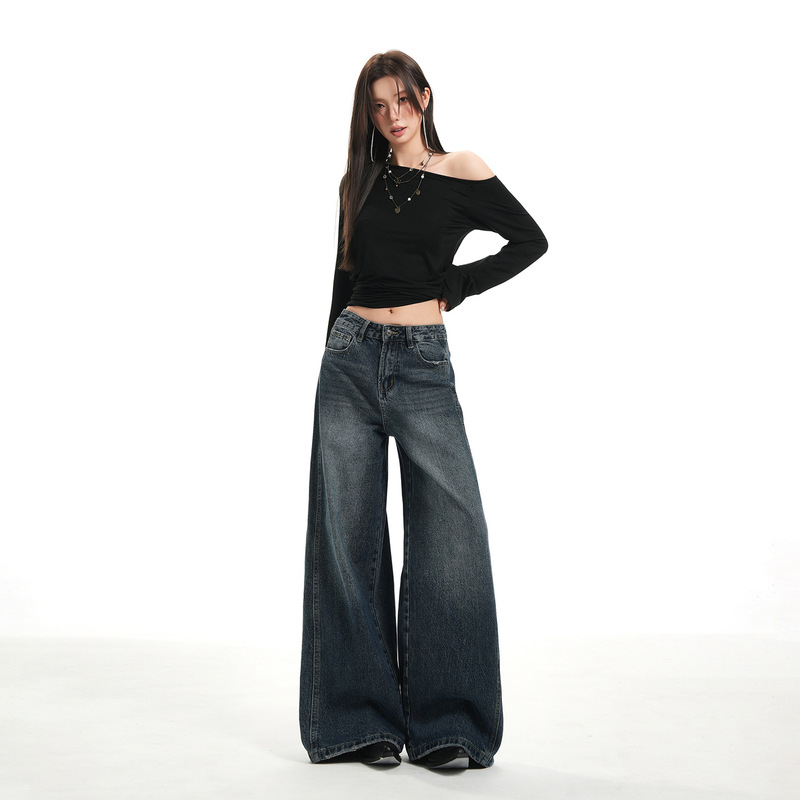 Dark Blue Retro Wide-Leg Jeans for Women, 2025 Autumn and Winter New High-Waisted Loose Slimming Drapey Straight-Leg Floor-Length Pants
