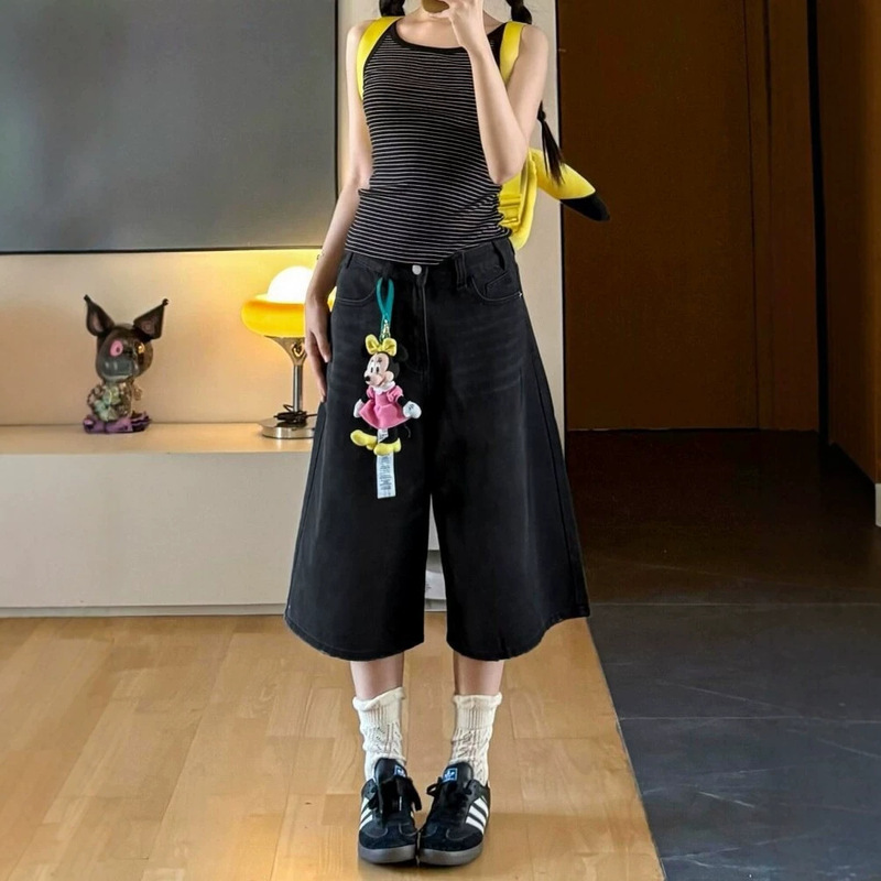 Black Straight-Leg Denim Capri Pants for Women, Summer New Style, Plus Size, Flattering for Pear-Shaped Body, Loose Wide-Leg Pants Black Straight-Leg Denim Capri Pants for Women, Summer New Style, Plus Size, Flattering for Pear-Shaped Body, Loose Wide-Leg Pants