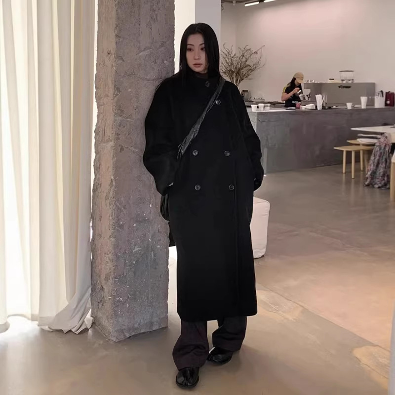 블랙 라펠 루즈핏 더블 브레스트 울 혼방 레트로 코트 2025 겨울 신상 여성 통근 코트