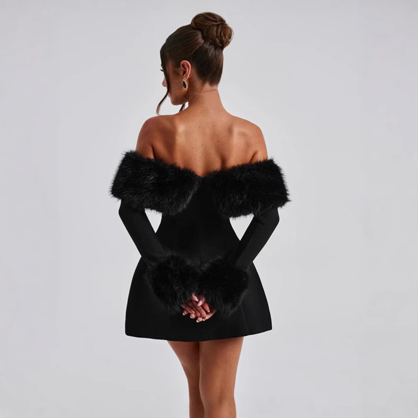 Europa y los Estados Unidos 2024 otoño y invierno nueva moda de mujer transfronteriza temperamento de moda sexy cuello de pelo hombro delgado vestido en forma de A