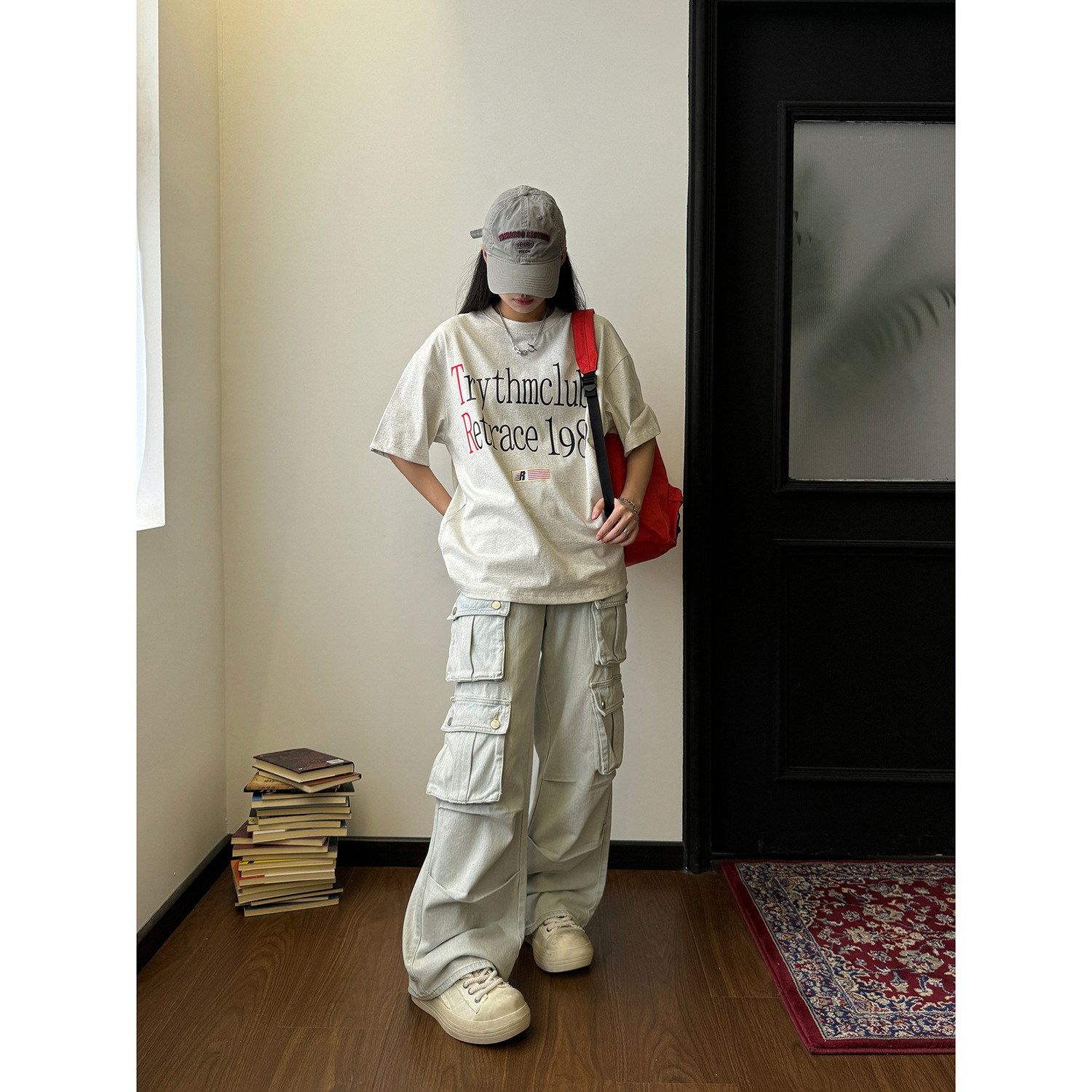 Summer thin style American multi pocket casual jeans, niche wide leg work pants, men's women's couple styles, red and_voghion.com