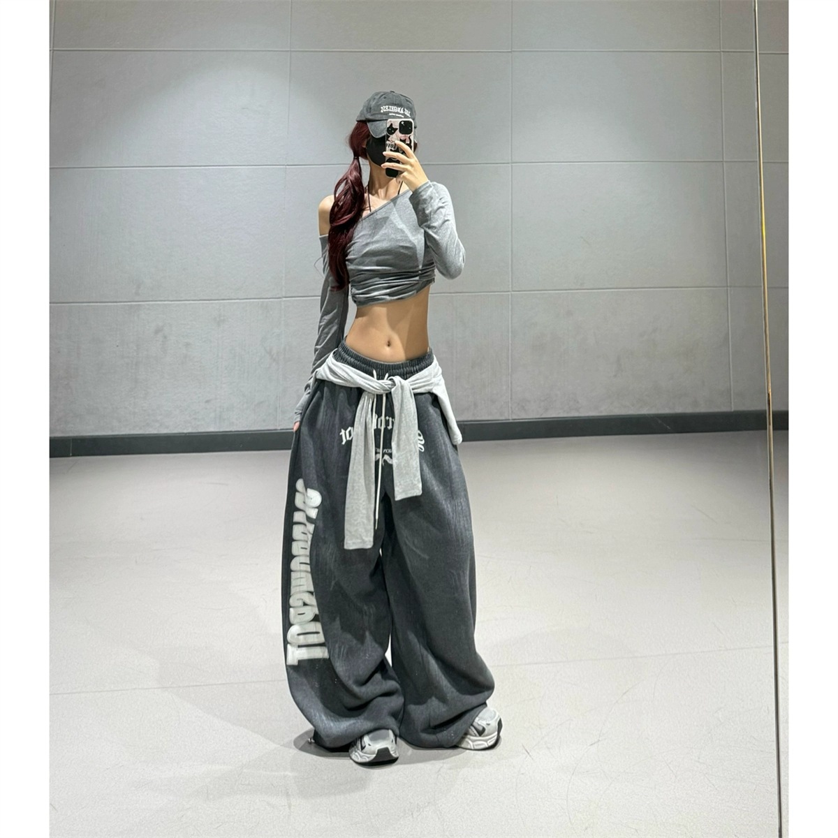 Street Dance Vintage Letter Print Drawstring Wide-Leg Washed Pants for Women, Autumn and Winter Loose Versatile Jazz Dance Scimitar Pants