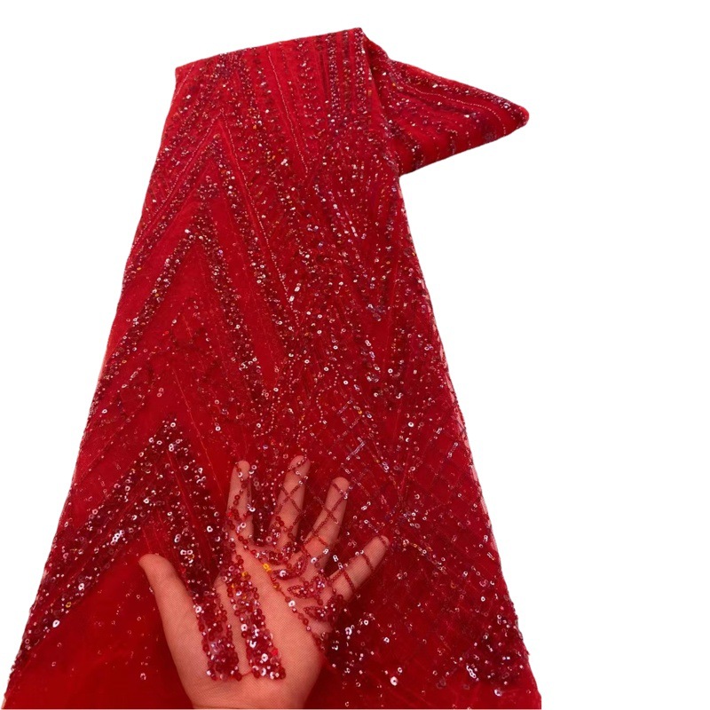 Tela de encaje con forma de V profunda, nueva del fabricante, con cuentas de burbujas grandes y pequeñas, tela de malla con cuentas para vestido de novia estilo francés.
