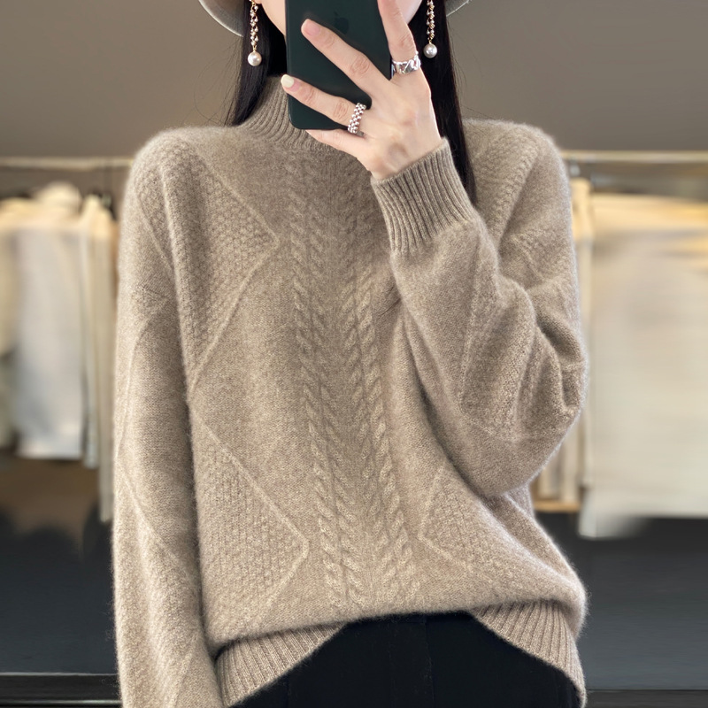 Half-Turtleneck 100% Pure Wool Sweater for Women, Loose Fit, Cable Knit, Long Sleeve, Winter Cashmere Sweater, Fine Wool