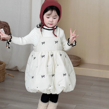 一麦秋冬新款童装女童蝴蝶结夹棉背心裙儿童加厚灯笼裙冬季连衣裙