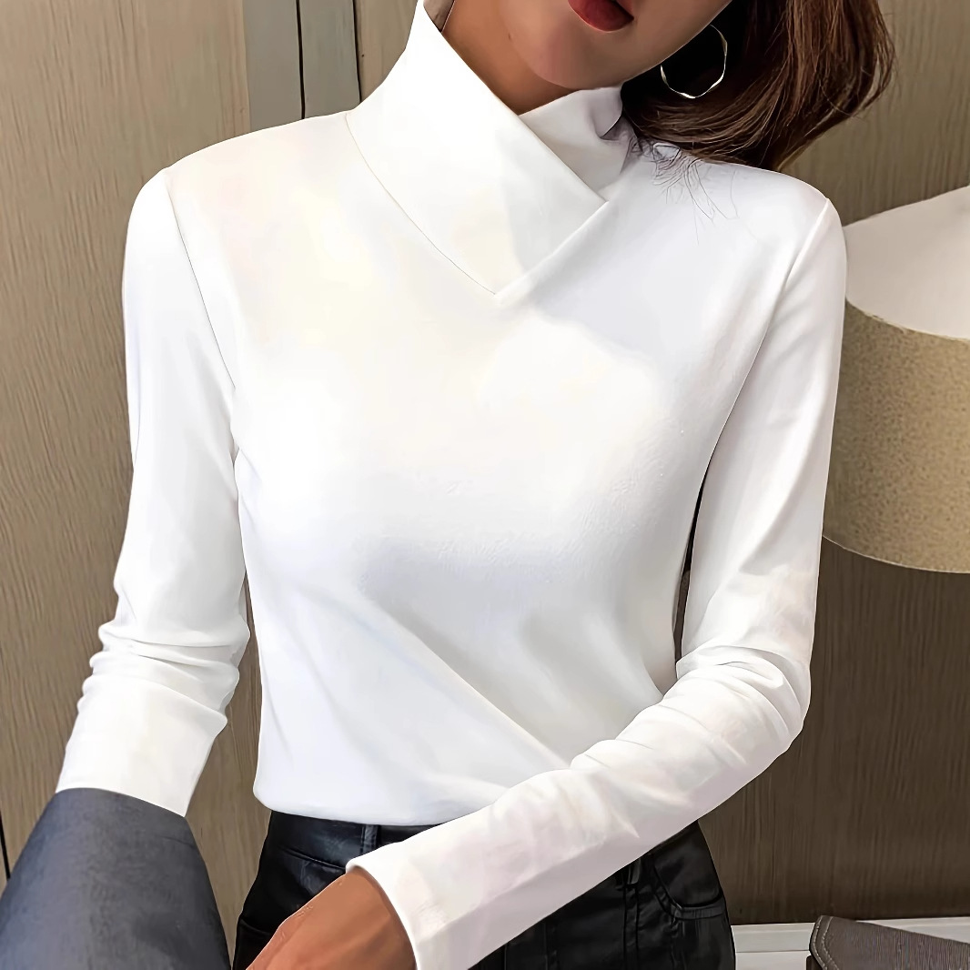 봄과 가을 새로운 솔리드 컬러 외국 스타일 슬림 브러시 바닥 셔츠 우아한 긴팔 하프 터틀넥 티셔츠 여성상의