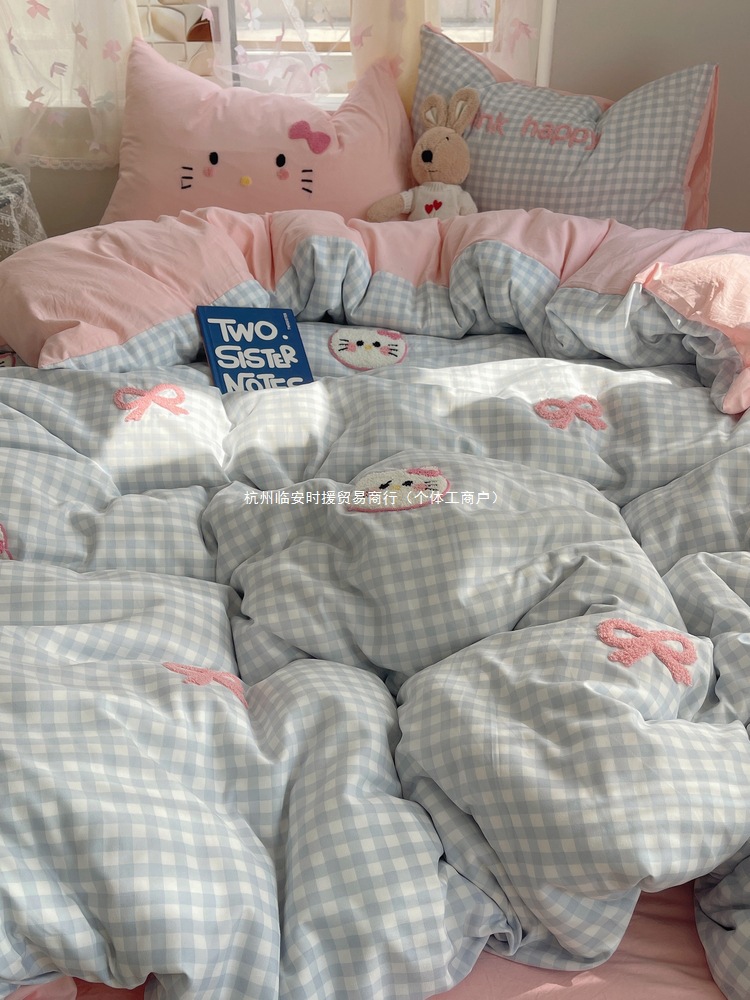 学生宿舍三件套2025床上四件套纯棉被套kt床单被罩新款3ins猫莱特