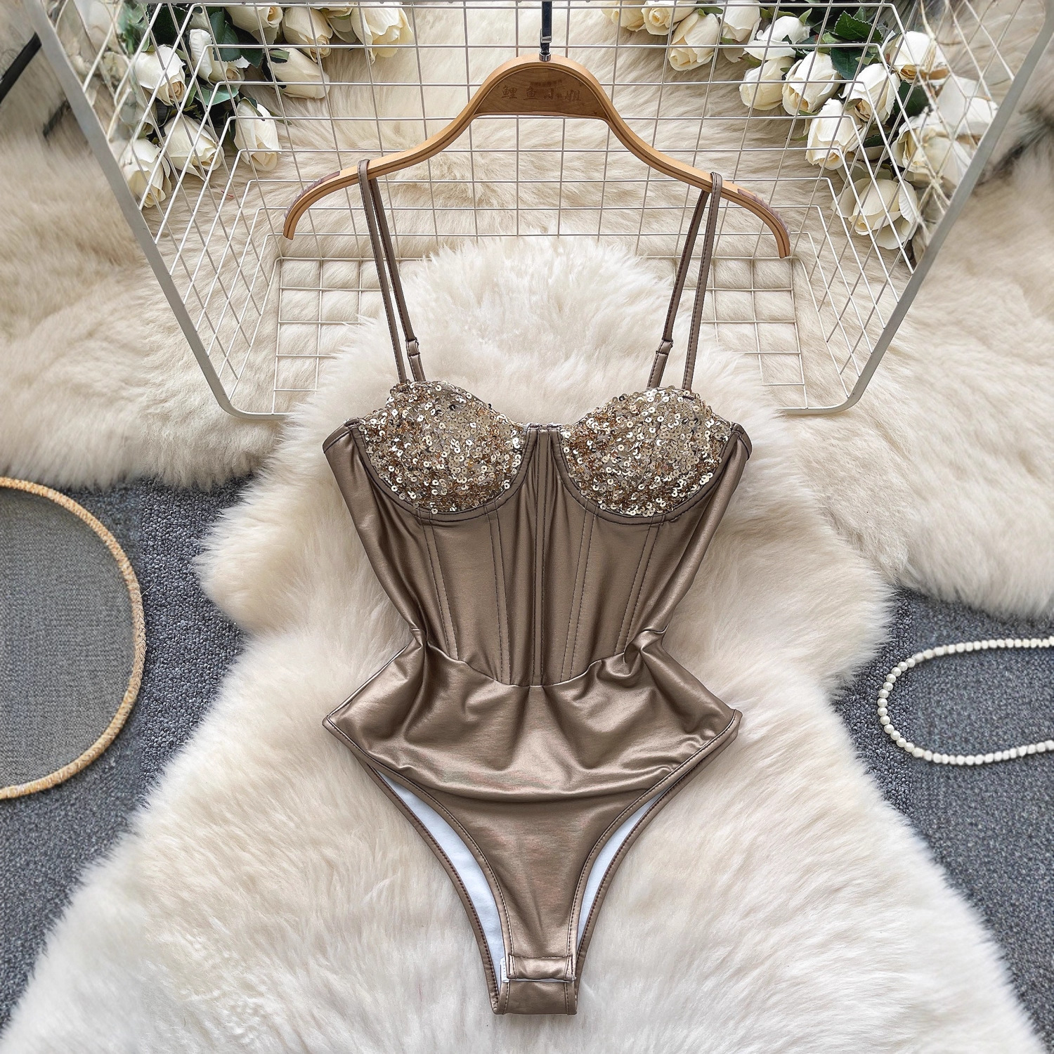 Cross-Border European and American Ins Sexy Sequin Splicing Suspender Jumpsuit for Women Pure Fishbone Slimming Look Inner Tube Top