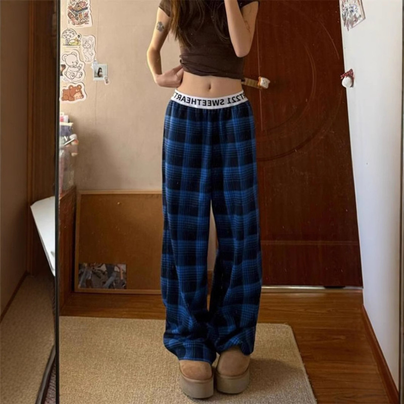 American Retro Letter-Print Waistband Plaid Pants for Women, 2026 Early Spring New Niche Loose Casual Floor-Length Straight Pants American Retro Letter-Print Waistband Plaid Pants for Women, 2026 Early Spring New Niche Loose Casual Floor-Length Straight Pants