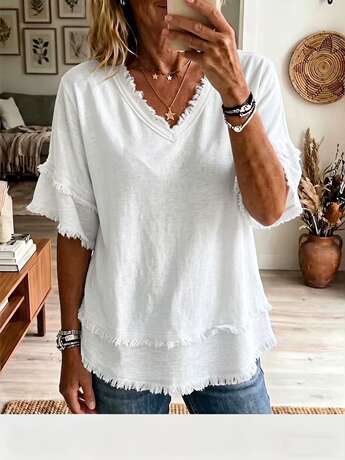 2026 New Amazon European and American Cross-Border V-Neck Pullover Short-Sleeved Loose-Fitting Women's Shirt Casual Women's Top