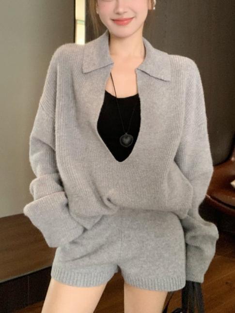 慵懒松弛v领女式毛衣套装2025秋冬新款宽松显瘦针织衫短裤两件套|undefined