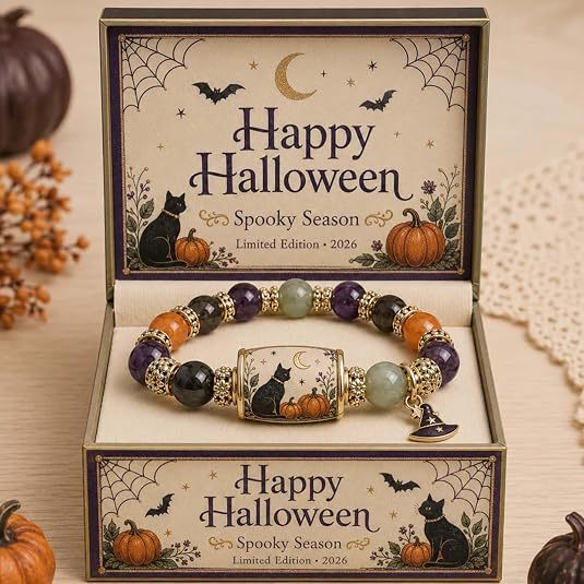 Halloween Black Cat Pumpkin Crystal Beaded Bracelet with Horror Cat and Pumpkin Witch Hat Pendant Elastic Bracelet