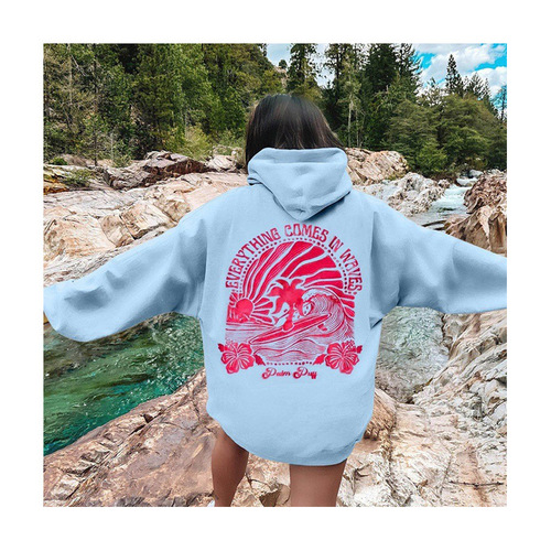 2024 New Cross-Border European Code Women's Drop Shoulder Sweatshirt Hoodie with Chasing Sunsets Print