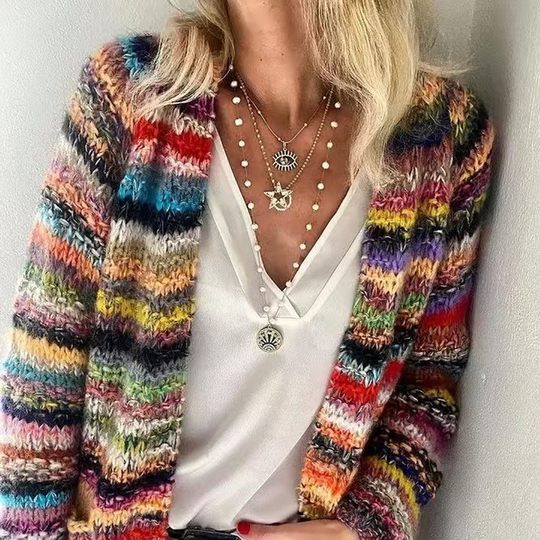 Cross-border Amazon Foreign Trade Loose Sunny Beach Playful Color Women's Printed Knitted Cardigan in stock