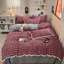 2025新款厂家直销秋冬保暖加厚全棉花边牛奶绒格子格纹复古四件套