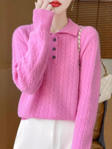 Autumn and winter 100 cardigan women's POLO collar twisted knitted base shirt loose pullover square collar sweater fine wool
