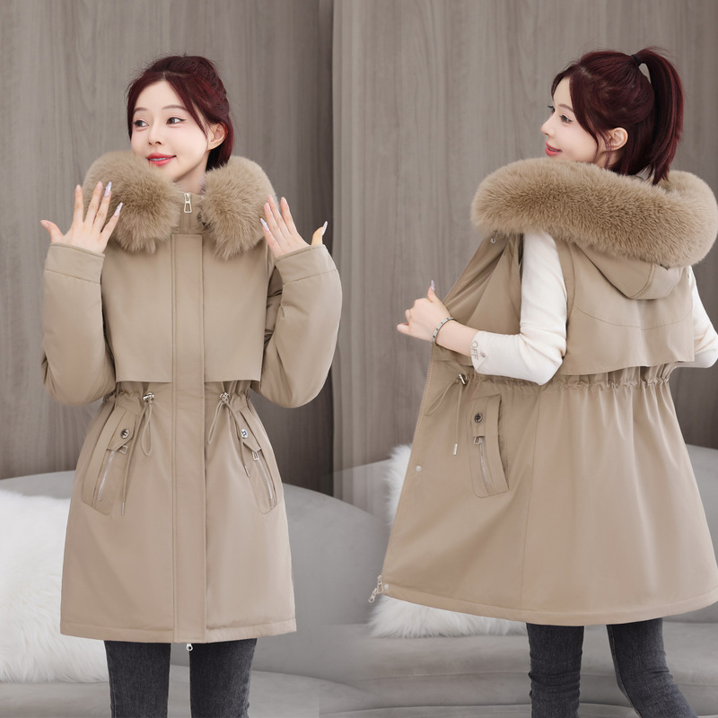 2025 New Autumn and Winter Parka Mid-Length Cotton Coat with Detachable Sleeves Cross-Border Hooded Large Fur Collar Cotton Jacket