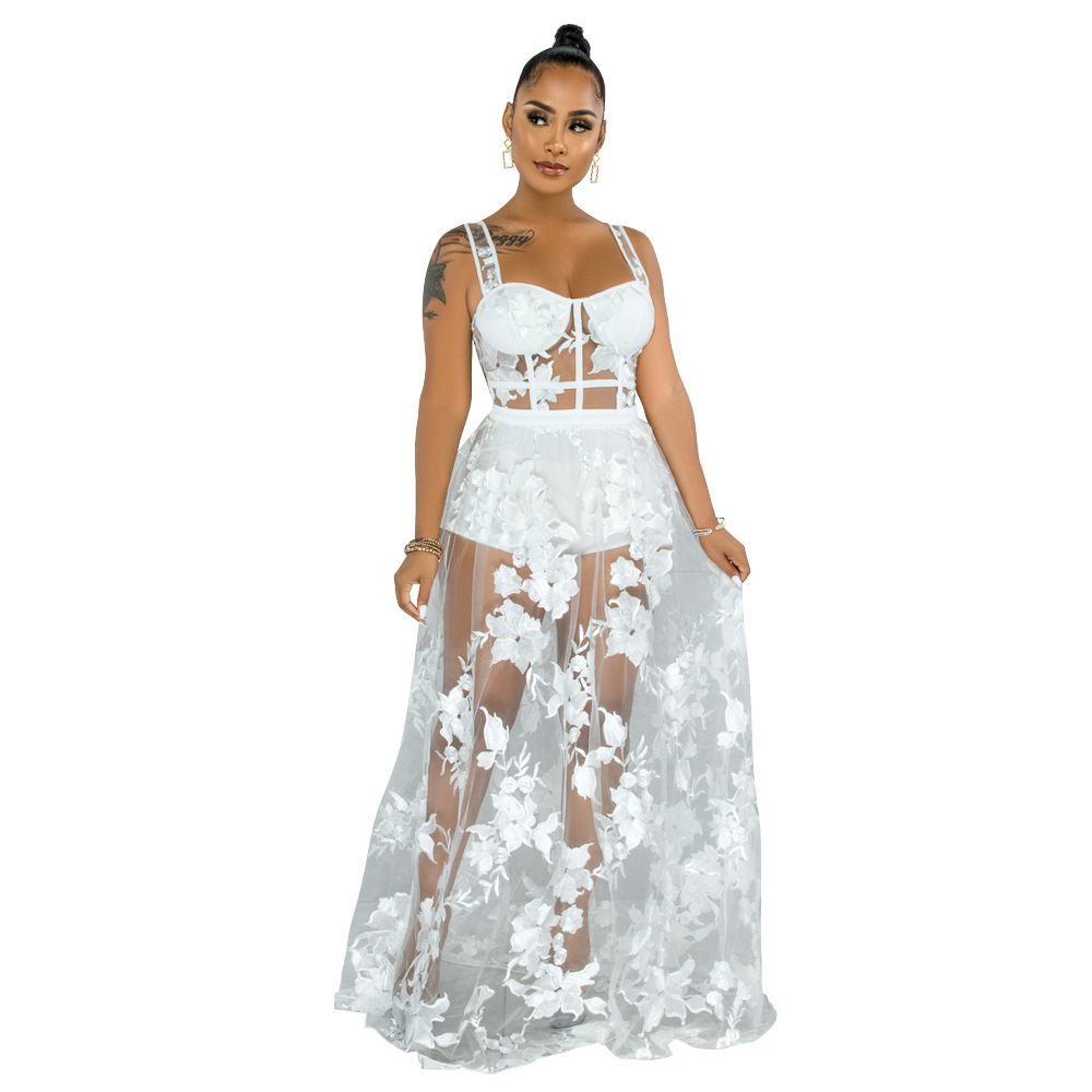 sexy sling with transparent embroidery net skirt fashion two-piece set Nihaostyles wholesale clothing vendor NSCYF73124