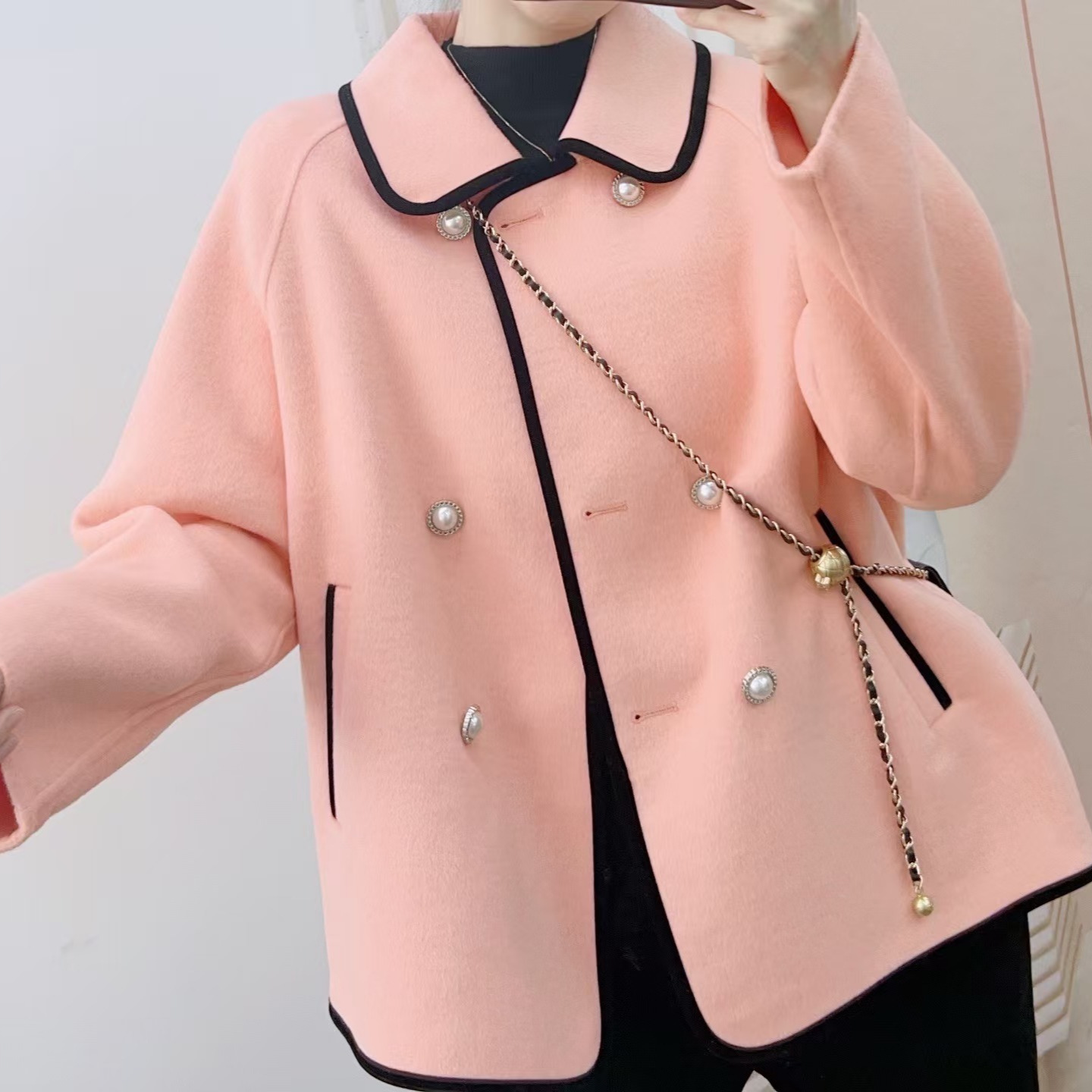 清仓秋冬撤柜减龄温柔双排珍珠扣短款百搭韩版澳毛大衣011/i3