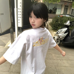 オリジナル刺繍【220g純綿ねじ襟】新型国潮カップル半袖tシャツ女子夏学生上着