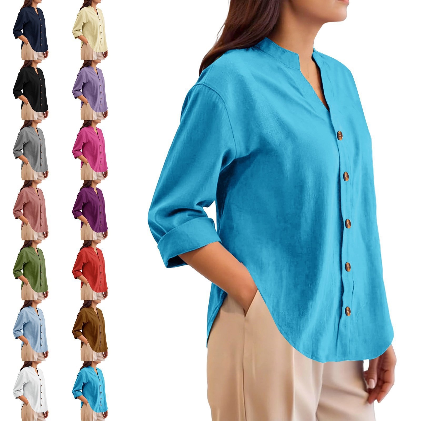 Cross-Border New Chinese-Style Stand Collar Henley Shirt for Women, Loose Cotton-Linen Cardigan, Long-Sleeve Versatile Casual Shirt for Commuting