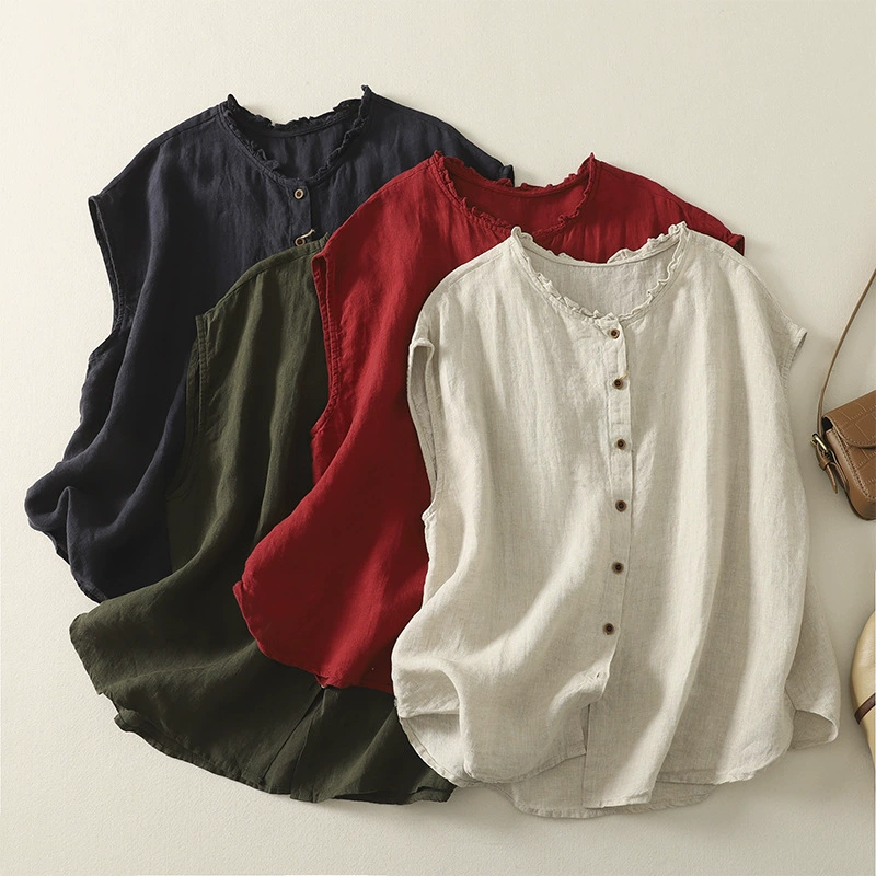 Настоящая фотография нового льняного модного кардигана с кружевным воротником, повседневного универсального топа без рукавов