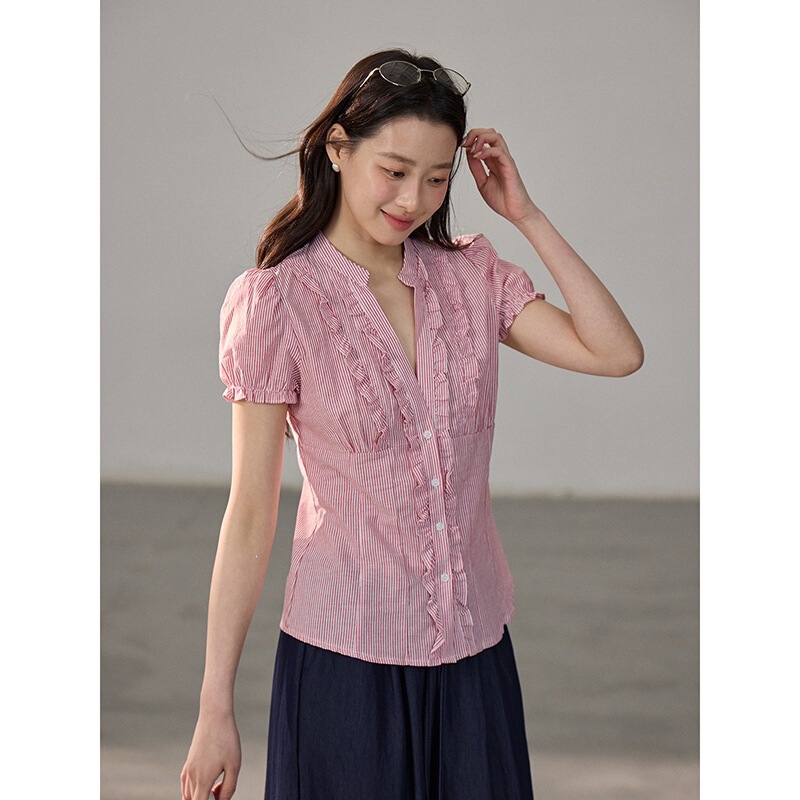 (Flowers of Time) French-Style Design V-Neck Ruffled Striped Short-Sleeve Shirt for Women Summer Cg242 (Flowers of Time) French-Style Design V-Neck Ruffled Striped Short-Sleeve Shirt for Women Summer Cg242