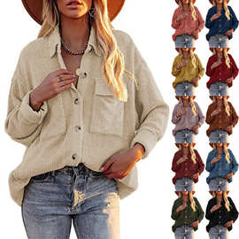 定制2025亚马逊秋冬新款女纯色宽松灯芯绒翻领双口袋长袖衬衣外套