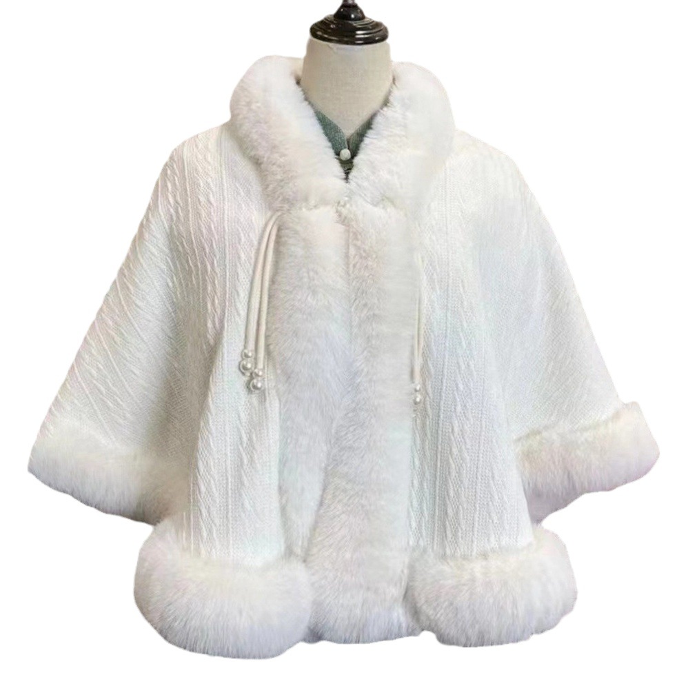 New Chinese style beige fur coat cheongsam bridal wedding dress bright beads solid color knitted fleece-lined shawl all-match women's Cape