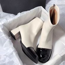 现货拼色短靴女小香风山茶花骑士靴女法式高跟小个子白色粗跟靴女