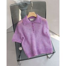 V325透视感Mohair 混色马海毛Polo小翻领百搭针织短袖T恤