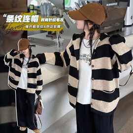 女童时髦拼棕色格纹开衫中大童春秋新款单排扣洋气休闲连帽衫外套