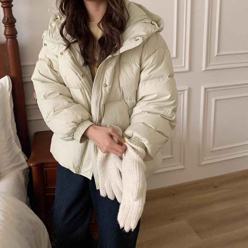 Short down Jacket for Women, Korean Style, Hooded, Thickened, Petite, Loose, Slimming, White Duck Down, Warm Winter Coat for Rain, Sun, and Snow